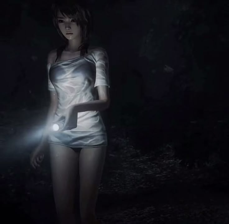 a woman standing in the dark with a flashlight on her hand and wearing a silver dress