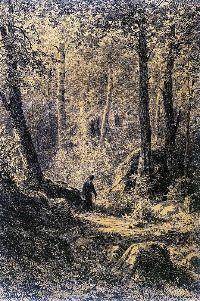 an old painting of a man walking in the woods