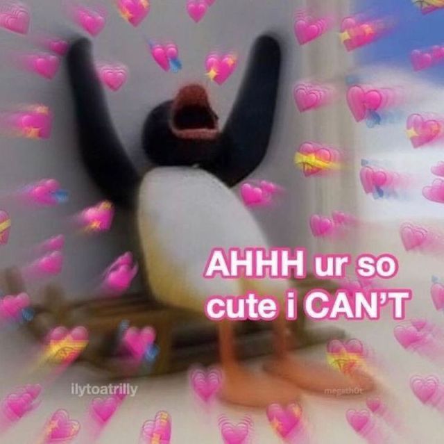 a penguin with its mouth open standing in front of hearts and saying ahh ur so cute i can't