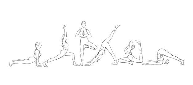 a line drawing of people doing yoga poses