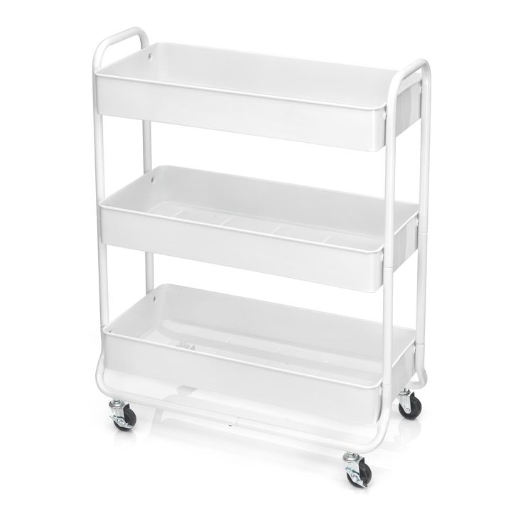 three tiered white plastic utility cart with wheels on each side and two shelves below