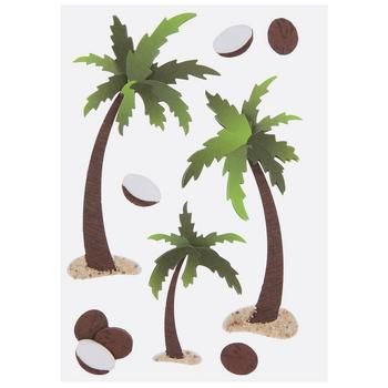 three palm trees with coconuts on the bottom and one in the middle, surrounded by sand