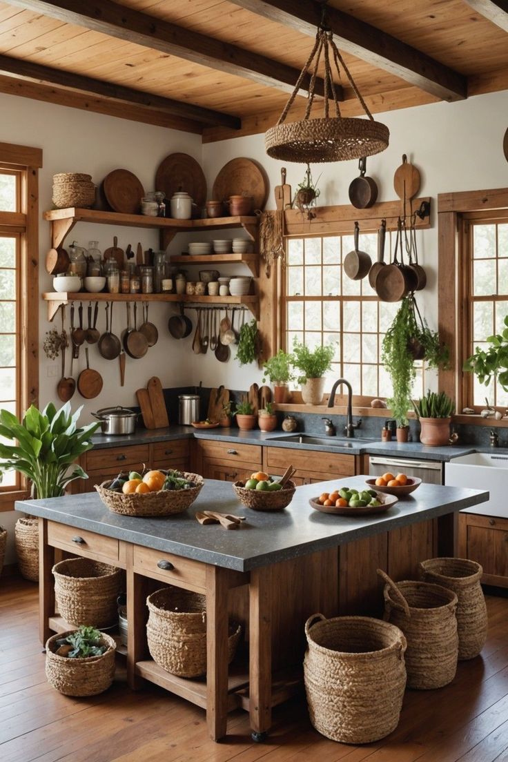 a kitchen filled with lots of pots and pans on top of a wooden table