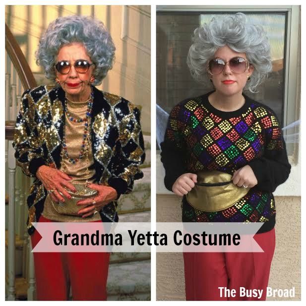 two pictures of an older woman with gray hair and glasses, one wearing a granny costume