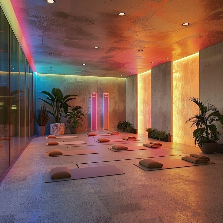 a room with yoga mats and potted plants on the floor in front of glass walls