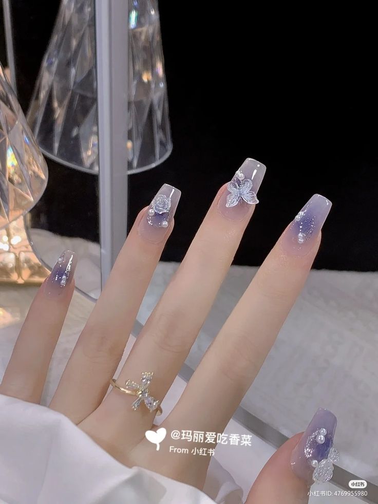 Asian Nails, Purple Nail Designs, Nails Easy, Korean Nails, Blush Nails, Pretty Gel Nails, Really Cute Nails, 3d Butterfly, Kawaii Nails