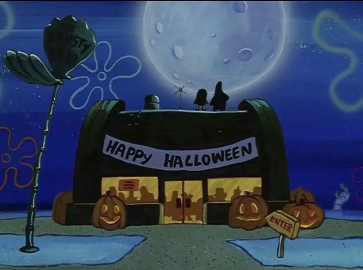 an animated halloween scene with pumpkins and jack - o'- lanterns