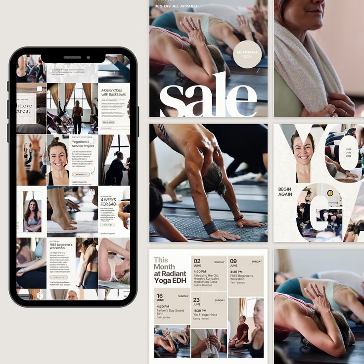 an image of a woman doing yoga on her phone and in front of the same page