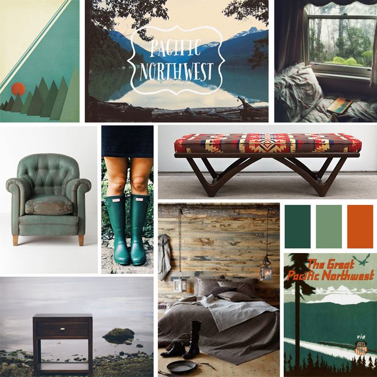 there are many different pictures in this collage that include mountains, trees, and a bench