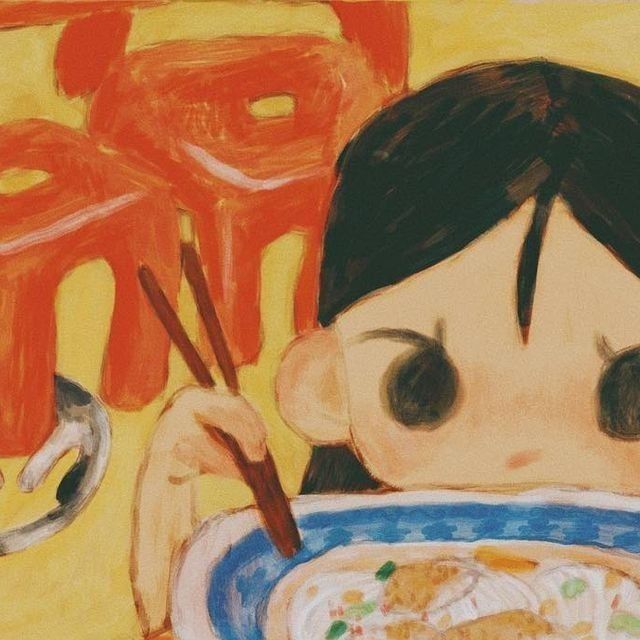 a painting of a girl eating food with chopsticks