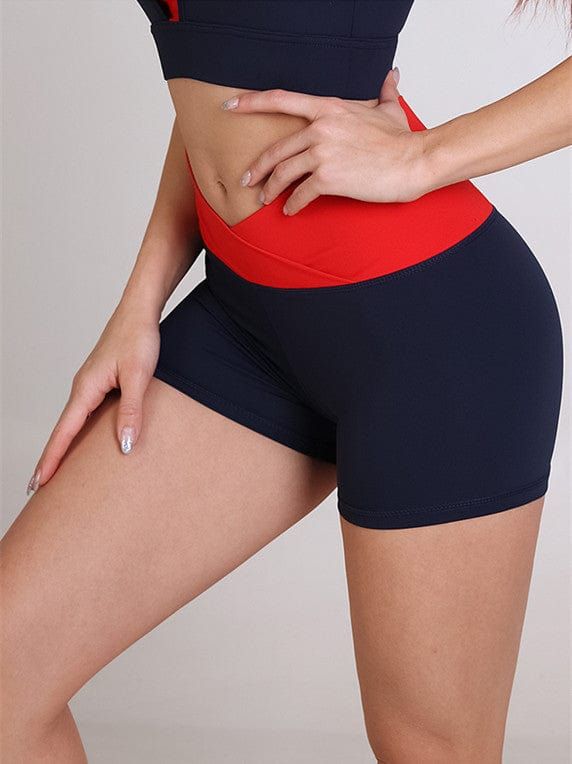 High Waist Compression Shorts For Sportswear, High Waist Compression Sportswear Shorts, Casual Sports Bottoms With Crossover Waistband, High Waist Sports Shorts, Stretch Activewear With Contrast Color For Workout, Fitted Workout Shorts With Crossover Waistband, High-waist Athletic Shorts With Contoured Waistband For Training, Gym Shorts With Contoured Waistband, Athleisure Stretch Shorts With Crossover Waistband