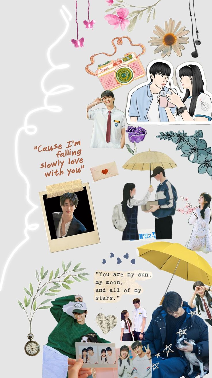 the collage shows people with umbrellas, flowers and pictures above them are words written in different languages