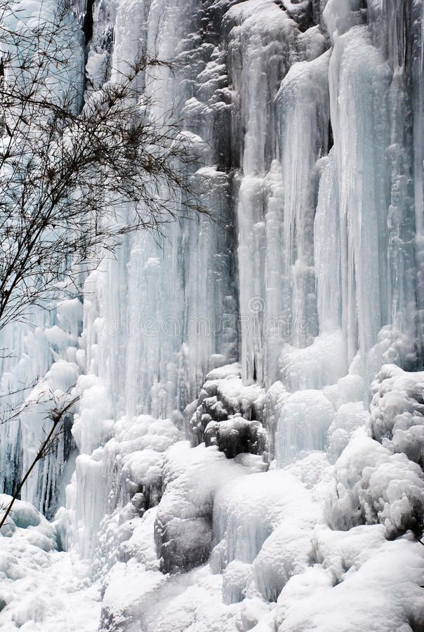 an ice covered mountain side with trees and snow on the ground, surrounded by icicles