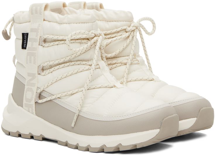 Ankle-high quilted ThermoBall™ Eco-insulated recycled PET ripstop boots in white. Water-repellent non-PFC DWR coating. · Waterproof DryVent™ membrane · Lace-up closure · Logo-woven webbing trim at sides · Bungee-style drawstring at collar · Pull-loop at heel counter · Cushioned OrthoLite® Eco LT™ footbed · Faux-fur lining · EVA foam rubber midsole · Treaded rubber outsole Supplier color: Gardenia white/Silver grey White Waterproof Boots For Winter Outdoor Activities, White Waterproof Boots For Winter Outdoor, White Waterproof Winter Boots, White Weatherproof Winter Boots, White Boots For Winter Sports, White Insulated Boots For Outdoor Activities, Insulated White Waterproof Boots For Outdoor, White Boots For Cold Weather, Casual White Boots For Winter Sports