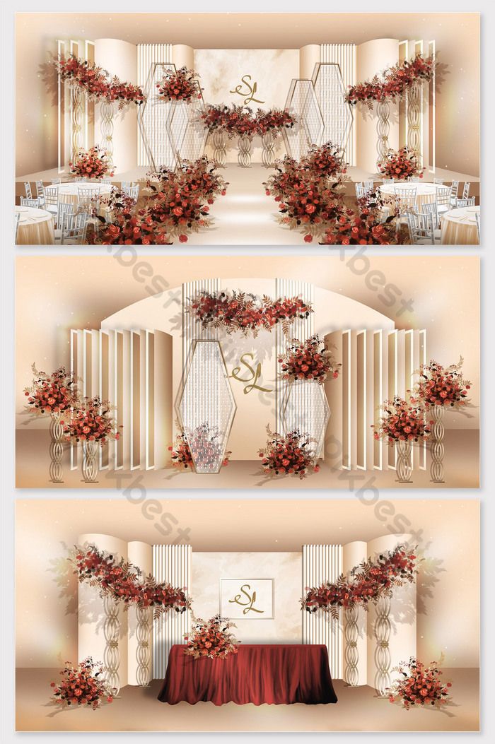 three different views of the same room with red flowers and decorations on it's walls