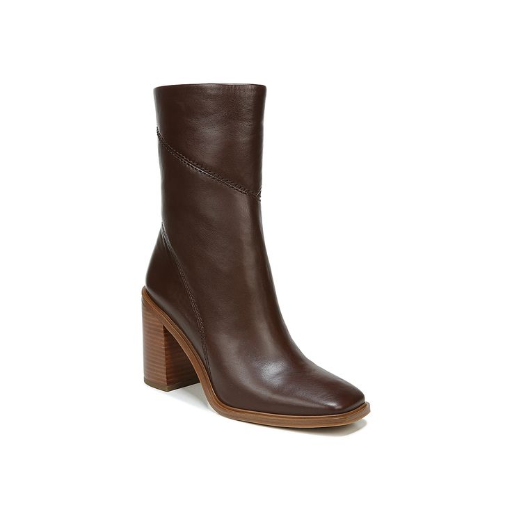 Franco Sarto-Stevie Bootie Gear up for the fall season in the Stevie bootie from Franco Sarto. Showcasing a mid-calf profile, this leather bootie is updated with square toe, tonal stitching details at the shank and elegant block heel. Click here for Boot Measuring Guide. Brown Mid Calf Boots, Winter Capsule, Stitching Details, Franco Sarto Shoes, Calf Boots, Dark Brown Leather, Franco Sarto, Mid Calf Boots, Leather Booties