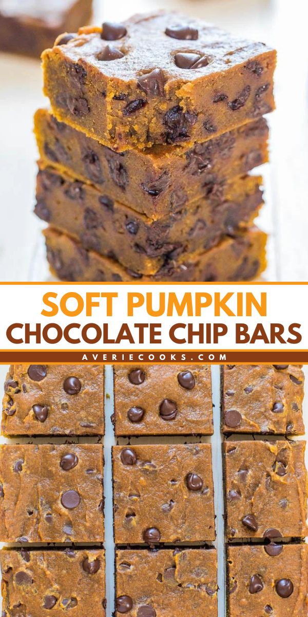 Looking for simple Thanksgiving desserts? Here's a simple pumpkin dessert you don't want to miss! This pumpkin bar recipe is easy fall baking in just one bowl with no mixer. Everyone will love these Soft Pumpkin Chocolate Chip Bars that are full of flavor! Chocolate Pumpkin Desserts, Pumpkin Chocolate Chip Bars, Blondies Recipes, Easy Pumpkin Bars, Pumpkin Bar, Pumpkin Fudge, Thanksgiving 2023, Averie Cooks, Pumpkin Recipes Easy