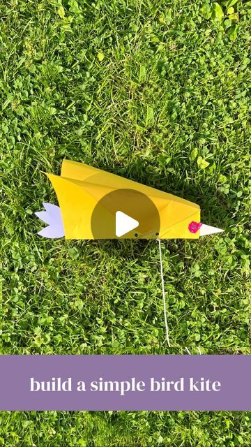 a yellow bird kite laying on top of green grass with the words build a simple bird kite