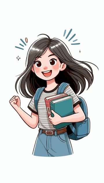 a girl with long black hair holding a book and smiling at the camera while wearing a backpack