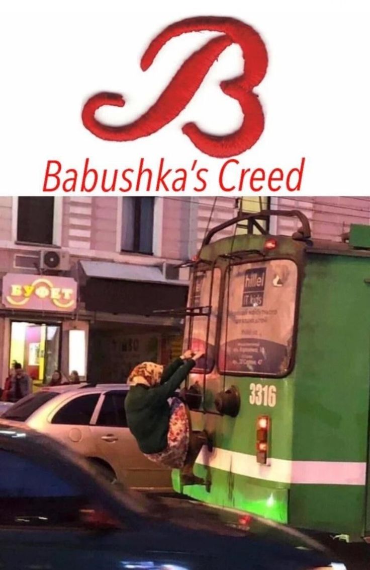 a green and white bus parked next to a tall building with the words baubushka's creek written on it