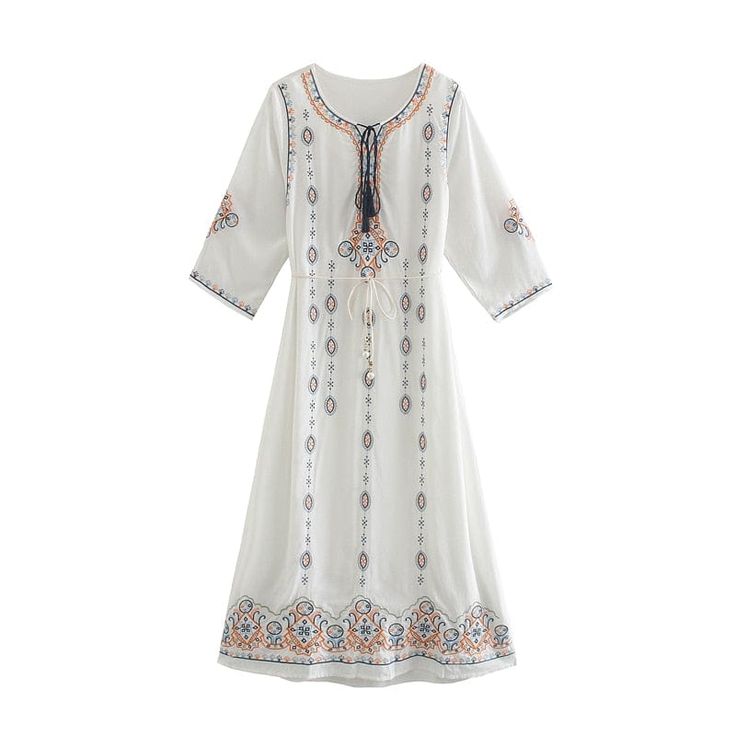 Floral Print Tunic Embroidered Dress, Embroidered Floral Tunic Dress, Spring Folk Dress With Boho Print, Spring Folk Style Dress With Boho Print, Folk Style Maxi Dress With Geometric Embroidery, Folk-style Maxi Dress With Geometric Embroidery, Traditional Spring Midi Dress With Floral Print, Traditional Floral Print Midi Dress For Spring, White Embroidered Floral Maxi Dress