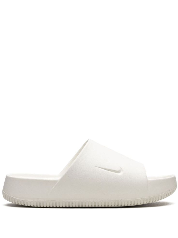 white signature Swoosh logo detail slip-on style round open toe memory foam insole rubber sole Comfortable Nike Slip-on Slides, White Slip-on Slides For Swimming, White Textured Sole Slip-on Slides, White Non-slip Sporty Slides, Nike Slip-resistant Synthetic Slides, Slides Nike, Nike Running Shoes Women, Nike Slides, Mens Slides