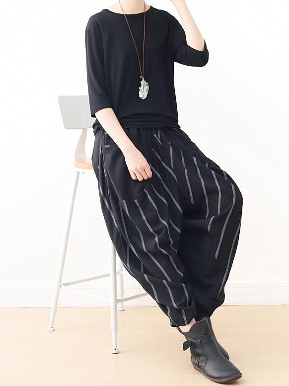 Sku CY-!23054 Material Cotton-blend , Linen Style Loose , Harem pants Feature Striped , Split-joint Occasion Casual , Vacation Seasons Spring , Summer , Autumn , Winter Type Casual Pants Bottoms Color BLACK Size S,M,L,XL Size chart: Please consult the size chart we provide for this item's measurements to help you decide which size to buy. Please note: There may be 1-3cm differ due to manual measurement. CMINCH Cm Leg Opening Length Waist(relaxed) S 36 90 68 M 38 91 72 L 40 92 76 XL 42 93 80 Black Casual Pants With Loosely Fitted Hips, Casual Black Pants With Loosely Fitted Hips, Black Relaxed Fit Pants For Spring, Casual Black Pants For Spring, Black Straight Leg Casual Harem Pants, Spring Black Straight Leg Harem Pants, Casual Black Straight Leg Harem Pants, Black Cotton Harem Pants For Spring, Casual Black Cotton Harem Pants