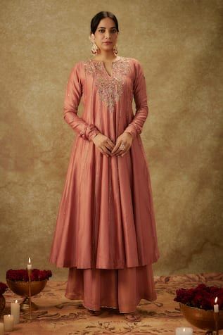 Blush pink kurta with floral zardozi embroidered neck and sleeve. Paired with kali pant and an organza dupatta. - Aza Fashions Pink Dori Work Kurta For Reception, Pink Kurta With Dori Work For Reception, Pink Long Sleeve Raw Silk Anarkali Set, Anarkali Style Pink Raw Silk Palazzo Set, Pink Kurta With Dori Work In Traditional Drape, Transitional Pink Anarkali Set With Dabka Work, Pink Dola Silk Anarkali Set For Transitional Season, Pink Traditional Wear With Dori Work And Long Sleeves, Pink Anarkali Set With Dabka Work In Art Silk