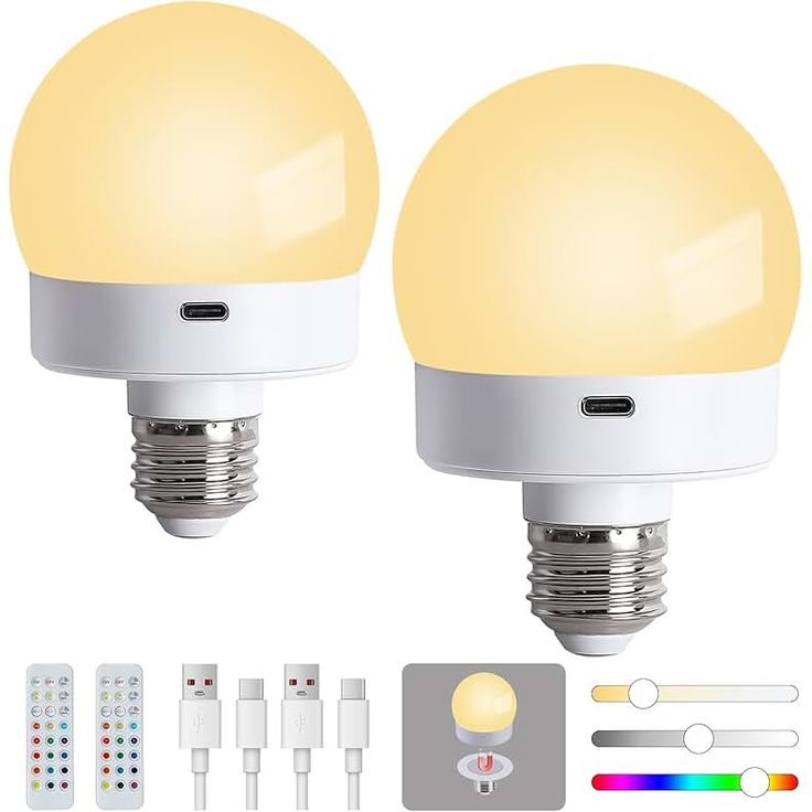 two light bulbs with remote controls on each side and an image of the same bulb