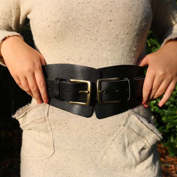 Wide Waist Corset Belt for Dresses - AMSHRTG – Amsterdam Heritage | US Black Belt Buckle With Belt For Fall, Adjustable Belt With Buckle Closure For Fall, Chic Fitted Belt With Buckle Closure, Vintage Fitted Corset Belt, Vintage Fitted Belted Corset Belt, Black Corset Belt For Fall, Adjustable Vintage Corset Belt, Adjustable Vintage Corset Belt With Removable Feature, Vintage Black Belt With Buckle Closure