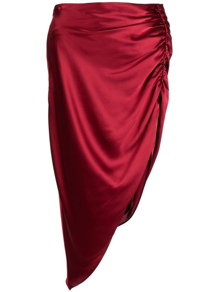 rose red silk satin weave ruched detailing concealed side zip fastening asymmetric hem Red Satin Skirt, Michelle Mason, Silk Charmeuse, Satin Skirt, Silk Skirt, Red Satin, Red Silk, Leather Mini Skirts, Green Skirt