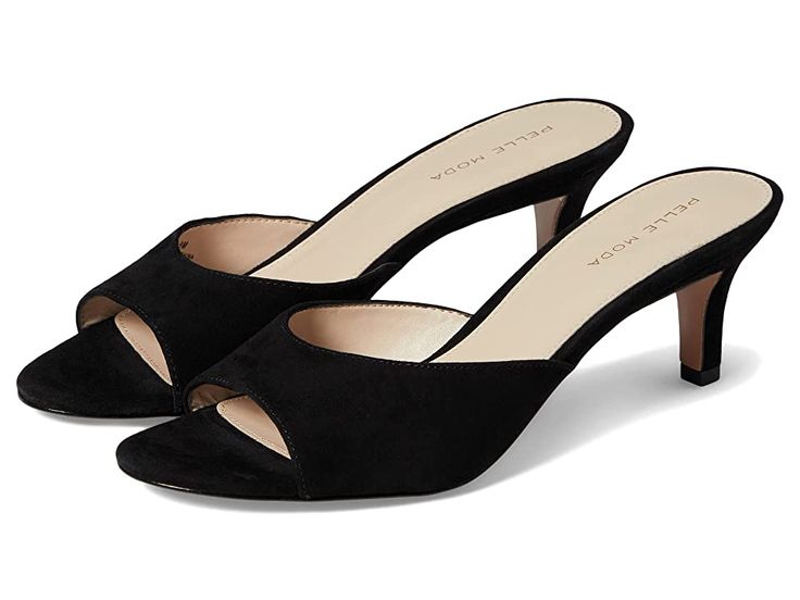 Pelle Moda Balin - Women's Shoes : Black 1 : Keep up with the latest fashion trends by wearing the glamorous Pelle Moda Balin Heels. Leather upper. Man-made lining and insole. Stylish vamp design. Slip-on style. Open, round toe silhouette. Kitten heel style. Man-made outsole. Imported. Measurements: Heel Height: 2 3 4 in Weight: 7 oz Product measurements were taken using size 9, width M. Please note that measurements may vary by size. Sleek High Heel Mules With Branded Insole, Sleek High Heel Mules, Sleek Sandals With Sculpted Heel And Almond Toe, Sleek Sandals With Almond Toe And Deep Heel Cup, Classic Evening Slip-on Mules, Low Heel Mules With Padded Heel, Sleek Mules With Branded Insole, Fitted Mules With Padded Low Heel, Fitted Mules With Padded Heel For Formal Occasions