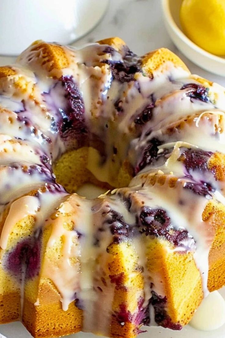 a lemon blueberry bunt cake on a plate