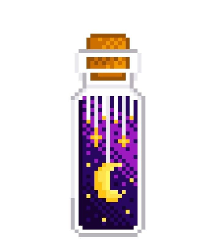 an image of a bottle that is pixelated in purple and yellow colors with gold accents