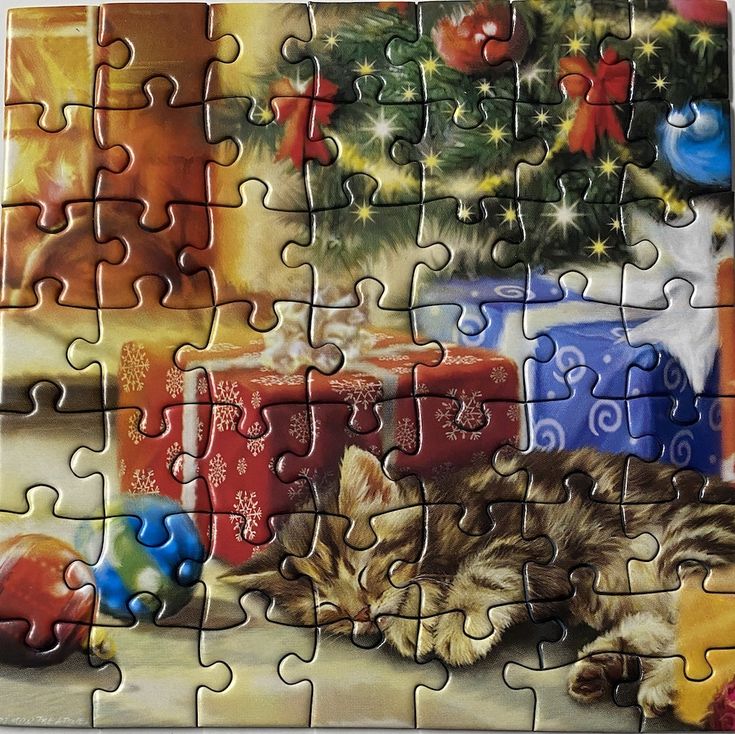 a puzzle piece with a cat sleeping next to a christmas tree and presents on the floor