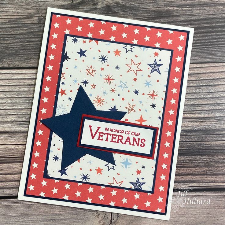 a red, white and blue card with stars on it that says welcome to the veterans