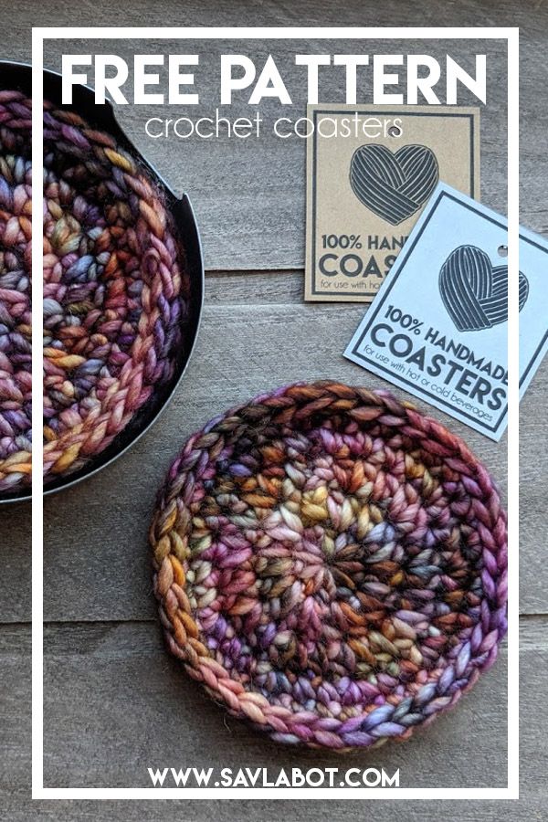 two bowls with yarn in them sitting on top of a wooden table next to a sign that says free pattern crochet coasters