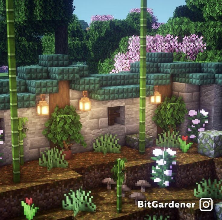 a screenshot of some plants and trees in a minecraft environment with purple flowers