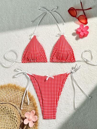 SHEIN USA Gingham Swimwear For Sunbathing During Beach Season, Summer Gingham Tie-side Swimwear, Summer Gingham Swimwear With Tie-side Bottom, Gingham Tie-side Swimwear For Beach, Plaid Swimwear For Poolside And Beach Season, Gingham Tie-side Swimwear, Plaid Triangle Top Beachwear Swimwear, Gingham Tie-side Bottom Swimwear, Plaid Triangle Top Swimwear For Beachwear