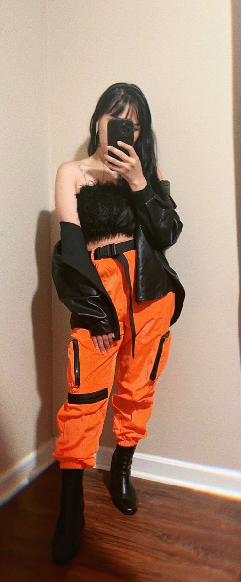 Orang And Black Outfit, Neon Orange Pants Outfit, Neon Orange And Black Outfit, Orange And Black Streetwear Outfit, Orange And Black Aesthetic Outfit, Orange And Black Outfit Baddie, Neon Red Outfit, Orange And Black Outfit Aesthetic, Orange Alt Outfits