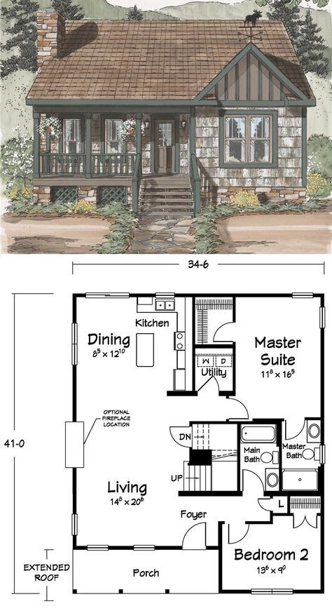 two story house plans with one bedroom and living room on the first floor, along with an attached garage