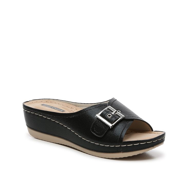 GC Shoes-Justina Wedge Sandal Slide into the Justina sandal from GC Shoes for an easy on-the-go look! A buckled strap creates a peep toe appearance and a covered heel completes this solid wedge. Black Wedge Sandals, Wedge Sandals, Wedges, Sandals, Heels, Black