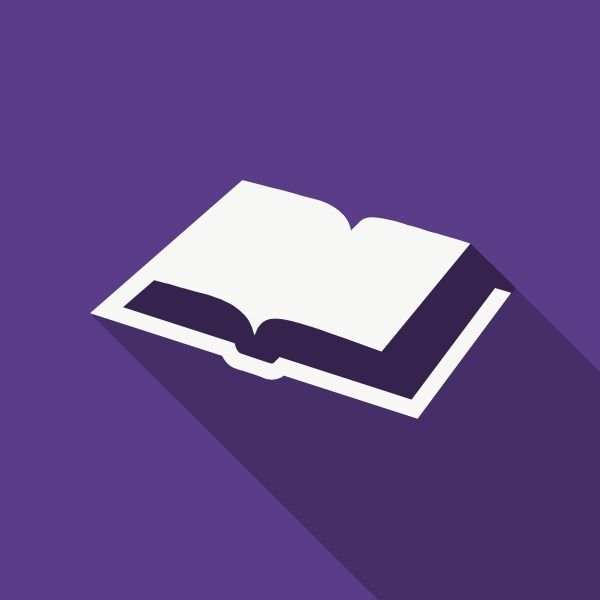 an open book with long shadow on a purple background