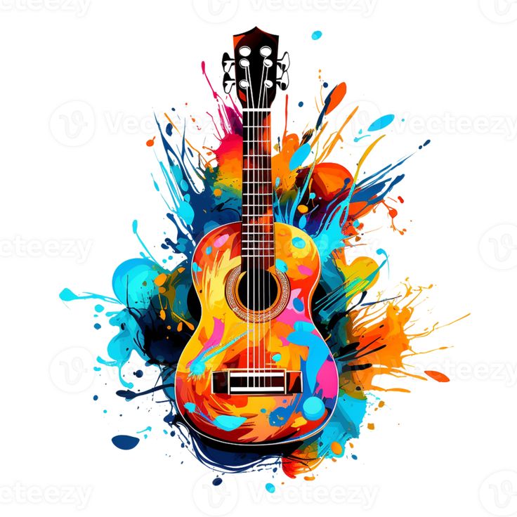 an acoustic guitar with colorful paint splatters