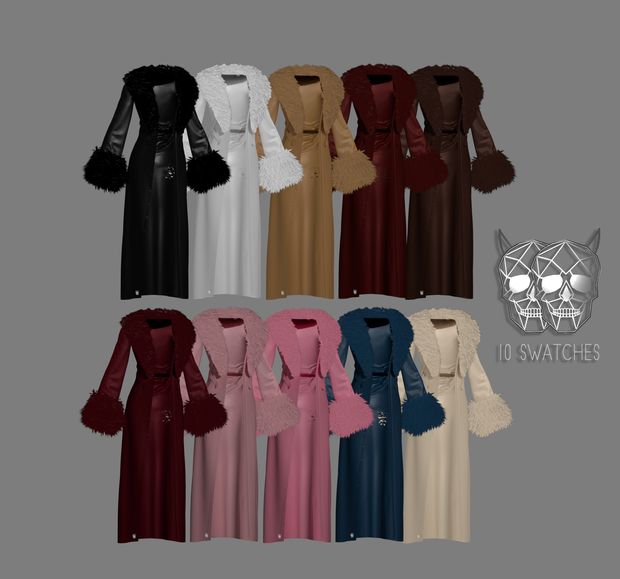 six different colored dresses with fur collars