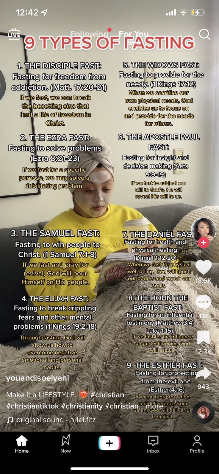 a woman sitting on top of a couch in front of a poster with the words types of fasting