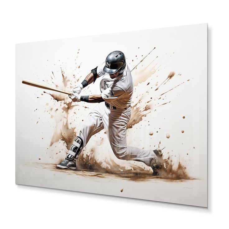 a painting of a baseball player hitting a ball with a bat and splashing dirt on the ground