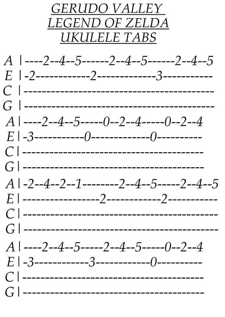 the legend of zelda ukulele tabs is shown in black and white