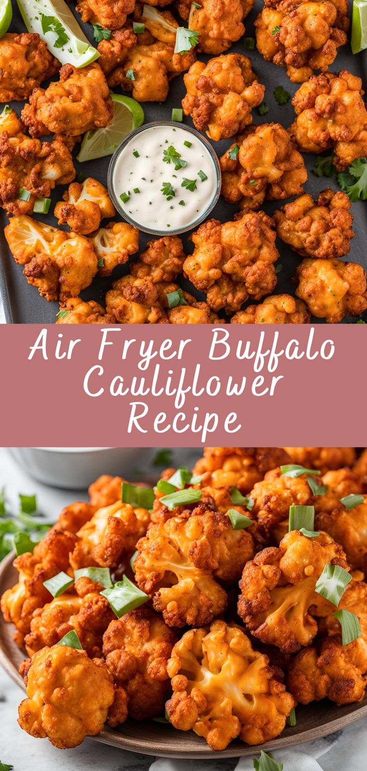 air fryer buffalo cauliflower recipe with ranch dressing on top and in the middle