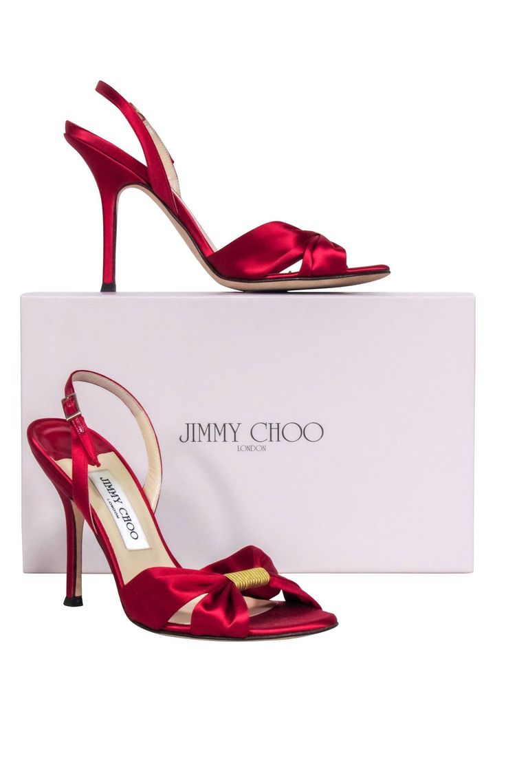 Current Boutique-Jimmy Choo - Red Satin Open Toe Pumps Sz 7.5 Evening Satin Sandals With Round Toe, Luxury Satin Heels With Heel Strap, Luxury Satin Sandals For Party, Luxury Satin Party Sandals, Holiday Open Toe Heels With 4-inch Heel, Satin Sandals With Pointed Toe For Party, Red Open Toe Heels For Evening, Satin Party Sandals With Pointed Toe, Open Toe Heels For Gala And Party Season